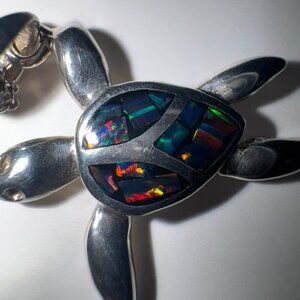 Sterling Silver Mosaic Opal Sea Turtle Pendant Necklace